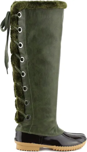 Women's Knee High Winter Boots Lace Up Insulated Fur Cuff Trim Waterproof Rubber Sole Duck Snow Rain Shoe Boots