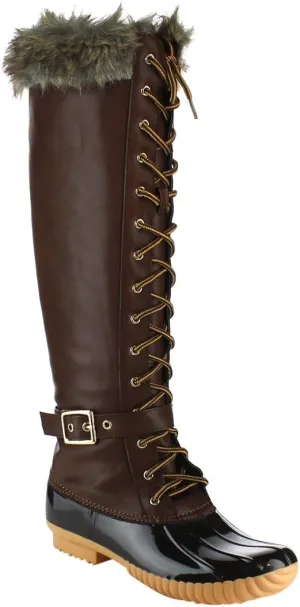 Women's Knee High Winter Boots Lace Up Insulated Fur Cuff Trim Waterproof Rubber Sole Duck Snow Rain Shoe Boots