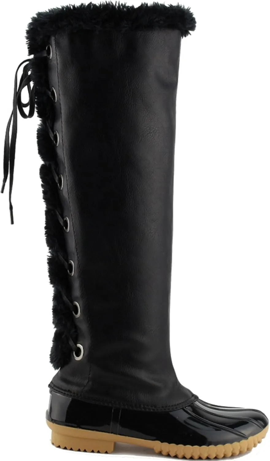 Women's Knee High Winter Boots Lace Up Insulated Fur Cuff Trim Waterproof Rubber Sole Duck Snow Rain Shoe Boots
