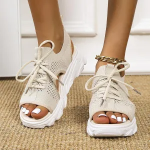 Women's Lace Up Muffin Sandals 2025 Summer Mesh Open Toe Platform Wedge Sandals Casual Thick Soled Beach Comfy Sports Sandals