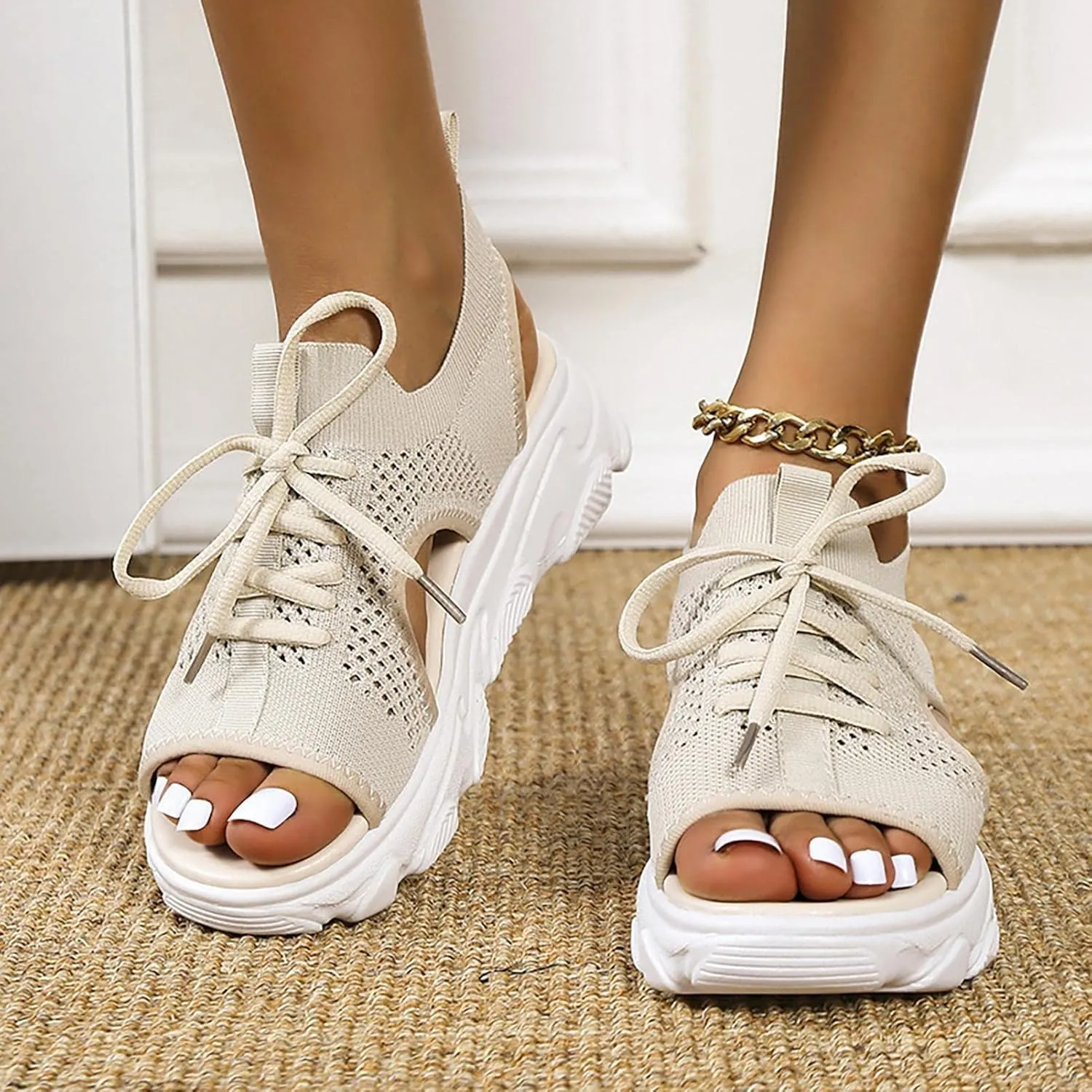 Women's Lace Up Muffin Sandals 2025 Summer Mesh Open Toe Platform Wedge Sandals Casual Thick Soled Beach Comfy Sports Sandals