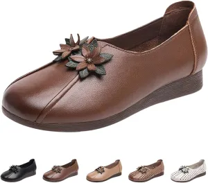 Women's Leather Flower Casual Dress Shoes,Vintage Comfort Summer/Fall Slip on Oxford Soft Sole Flat Walking Loafers