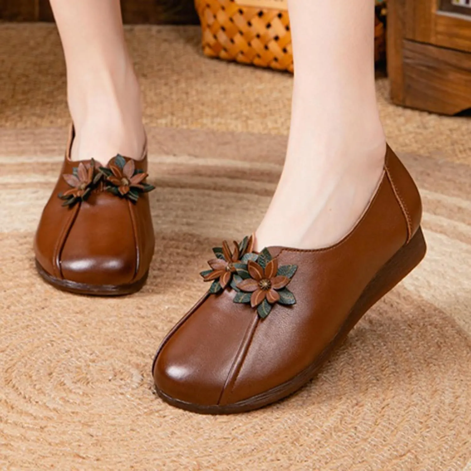 Women's Leather Flower Casual Dress Shoes,Vintage Comfort Summer/Fall Slip on Oxford Soft Sole Flat Walking Loafers
