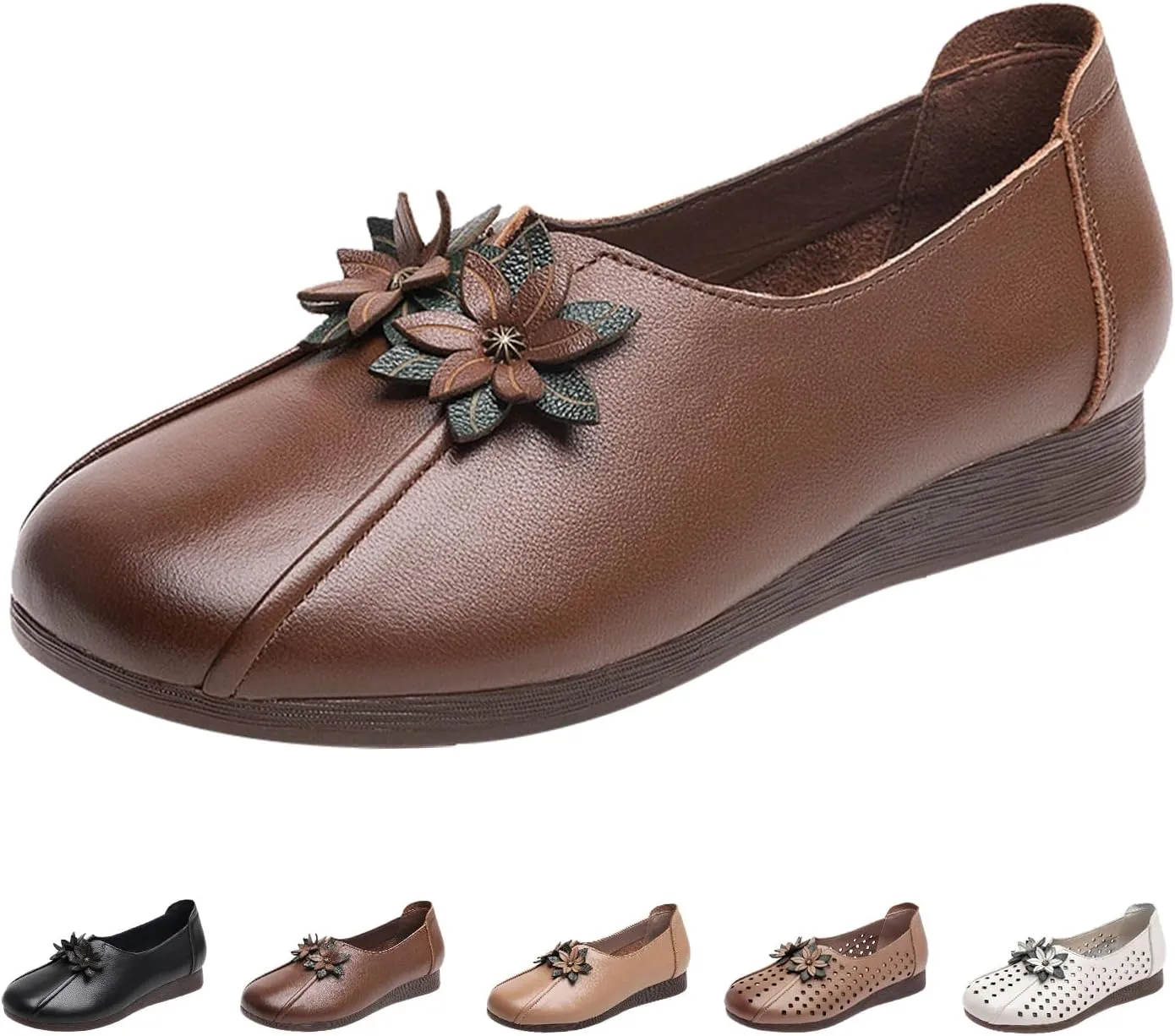 Women's Leather Flower Casual Dress Shoes,Vintage Comfort Summer/Fall Slip on Oxford Soft Sole Flat Walking Loafers