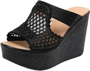 Women'S Leather Hollow Out Peep Toe Platform Wedge Slide Sandals Fashion Slip On Round Open Toe Comfort Chunky Dress Mules Summer Lightweight Non-Slip Beach Walking Slipper Shoes