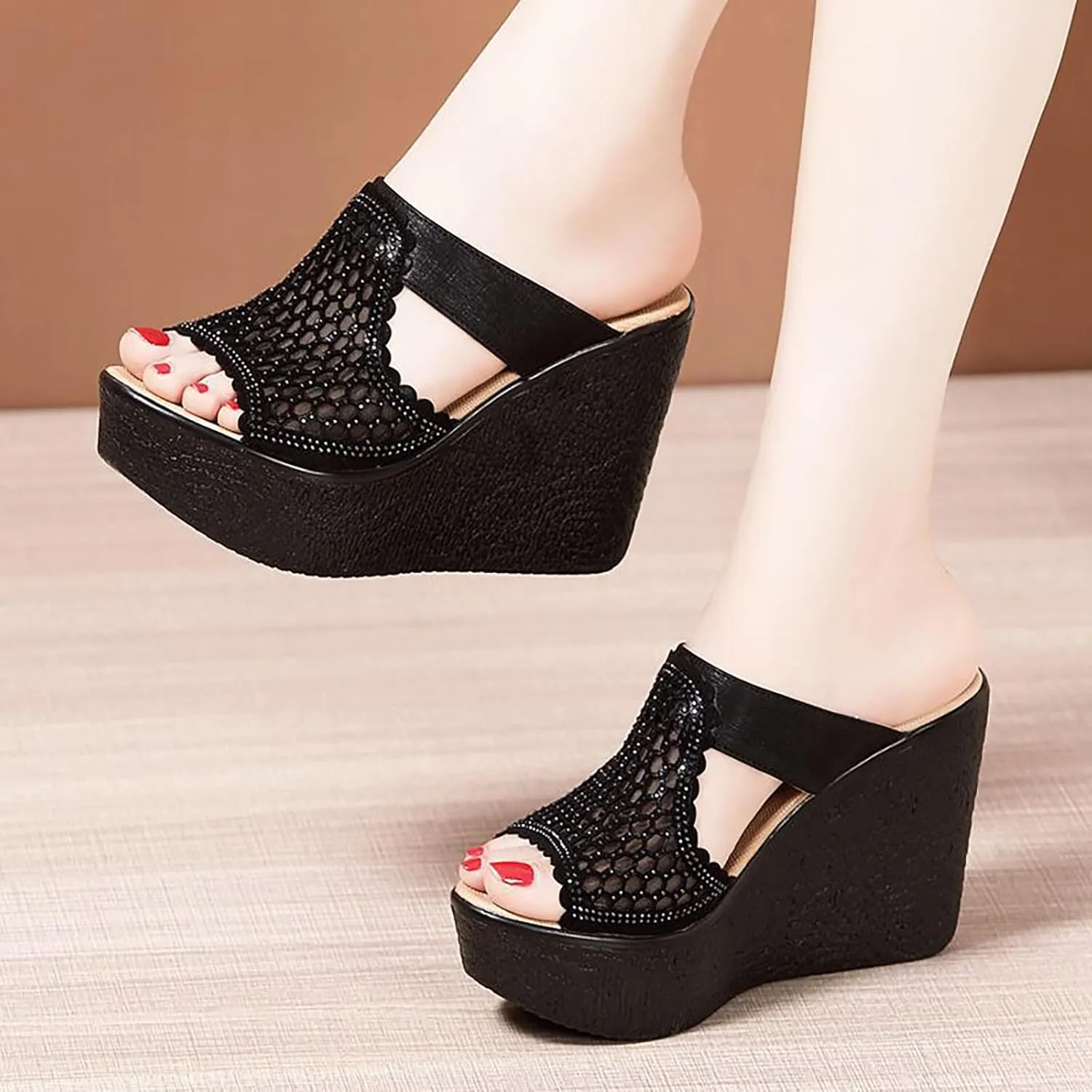 Women'S Leather Hollow Out Peep Toe Platform Wedge Slide Sandals Fashion Slip On Round Open Toe Comfort Chunky Dress Mules Summer Lightweight Non-Slip Beach Walking Slipper Shoes