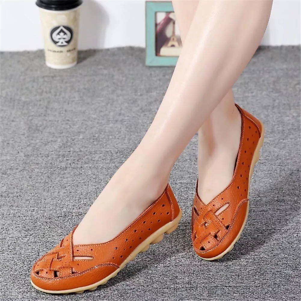 Womens Leather Loafers Hollow Out Breathable Soft Flats Slip on Casual Sandals Lightweight Round Toe Fashion Summer Sandals Comfortable Driving Walking Shoes