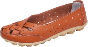 Womens Leather Loafers Hollow Out Breathable Soft Flats Slip on Casual Sandals Lightweight Round Toe Fashion Summer Sandals Comfortable Driving Walking Shoes