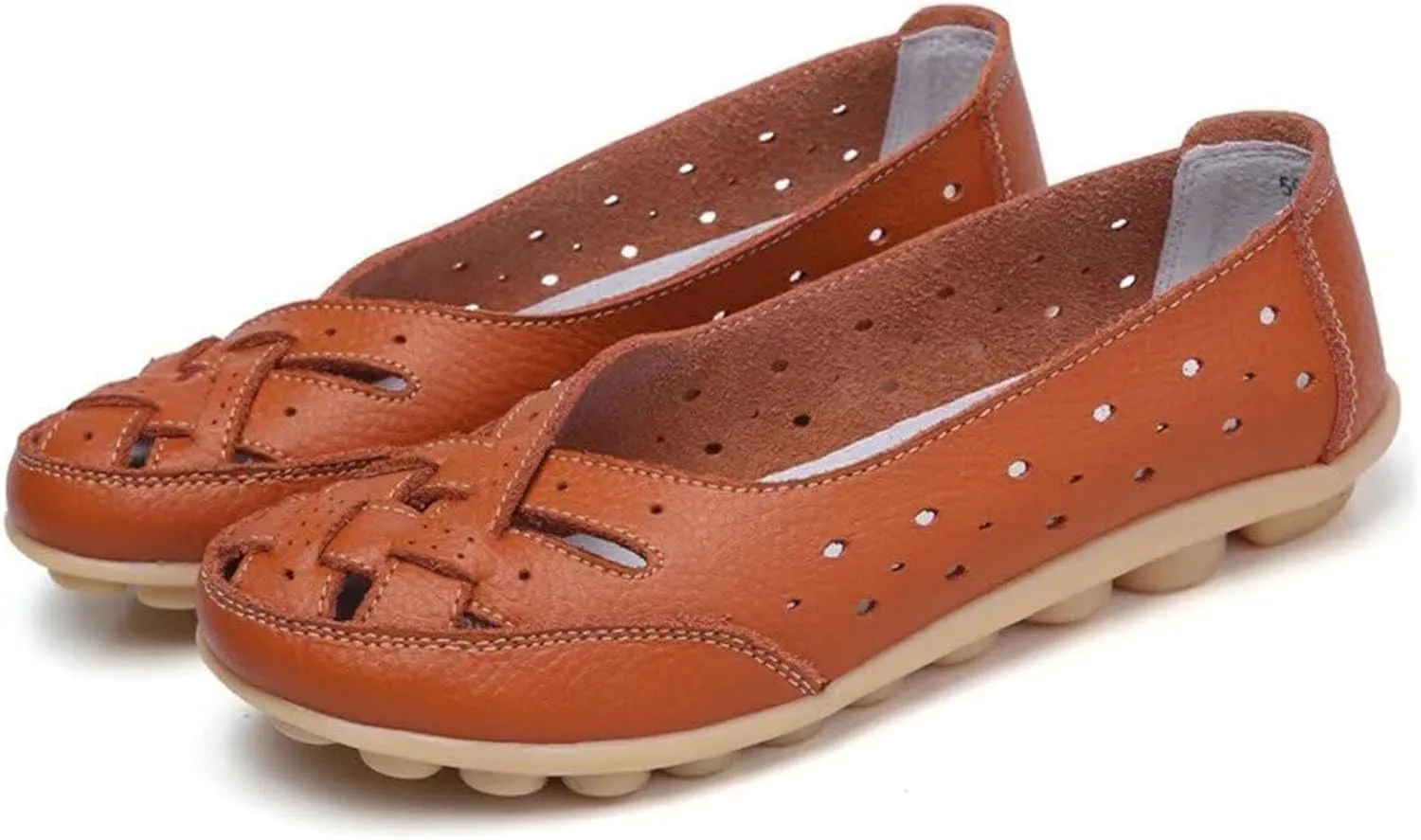 Womens Leather Loafers Hollow Out Breathable Soft Flats Slip on Casual Sandals Lightweight Round Toe Fashion Summer Sandals Comfortable Driving Walking Shoes