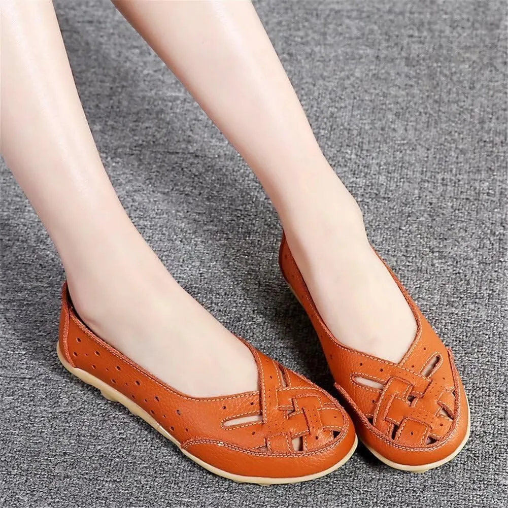 Womens Leather Loafers Hollow Out Breathable Soft Flats Slip on Casual Sandals Lightweight Round Toe Fashion Summer Sandals Comfortable Driving Walking Shoes