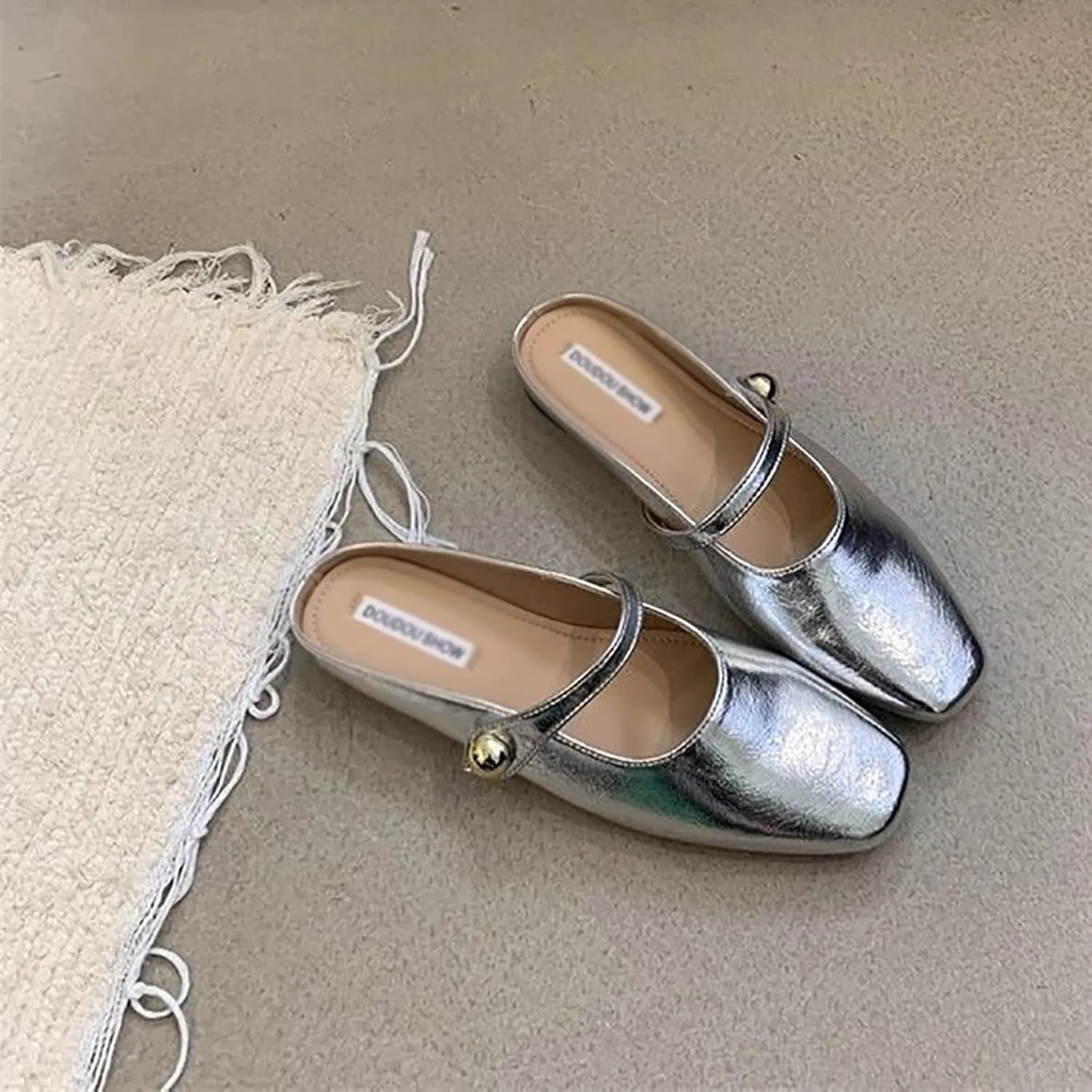 Women's Leather Pearl Closed Toe Mary Jane Flat Mules Fashion Square Toe Soft Sole Comfortable Slip on Backless Flats Casual Office Dressy Sandals Walking Shoes Mules