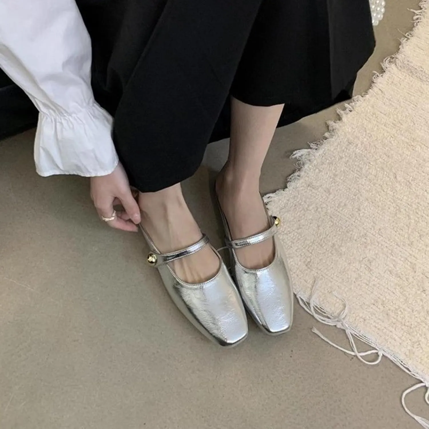 Women's Leather Pearl Closed Toe Mary Jane Flat Mules Fashion Square Toe Soft Sole Comfortable Slip on Backless Flats Casual Office Dressy Sandals Walking Shoes Mules