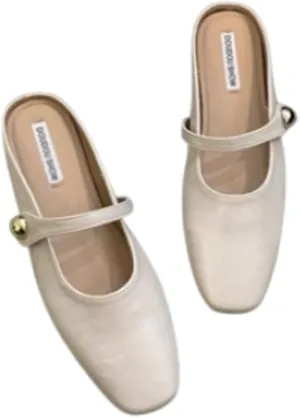 Women's Leather Pearl Closed Toe Mary Jane Flat Mules Fashion Square Toe Soft Sole Comfortable Slip on Backless Flats Casual Office Dressy Sandals Walking Shoes Mules