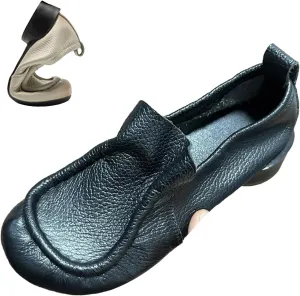 Women's Leather Ruched Slip-on Dress Pumps,Summer/Fall Comfort Round Toe Non-Slip Ox Soft Sole Casual Walking Loafers