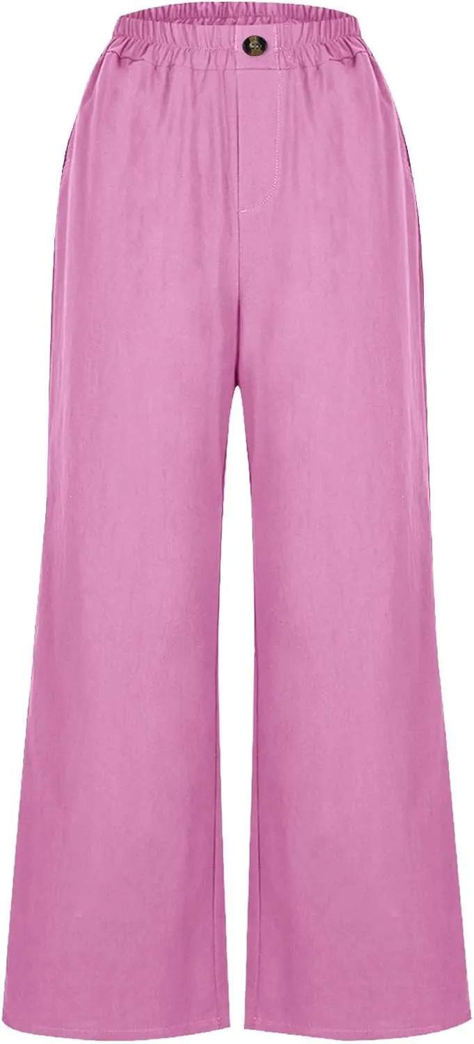 Womens Linen Pants Wide Leg Loose Sports Casual Pants Mid Waist Solid Color Wide Leg Pants Casual Linen Blend Pants