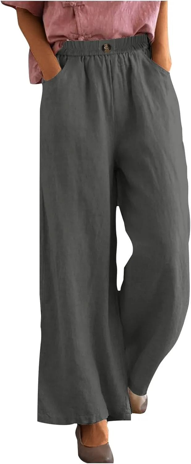 Womens Linen Pants Wide Leg Loose Sports Casual Pants Mid Waist Solid Color Wide Leg Pants Casual Linen Blend Pants