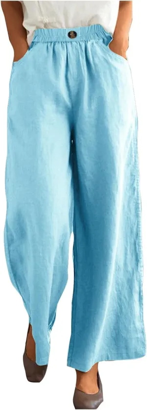 Womens Linen Pants Wide Leg Loose Sports Casual Pants Mid Waist Solid Color Wide Leg Pants Casual Linen Blend Pants