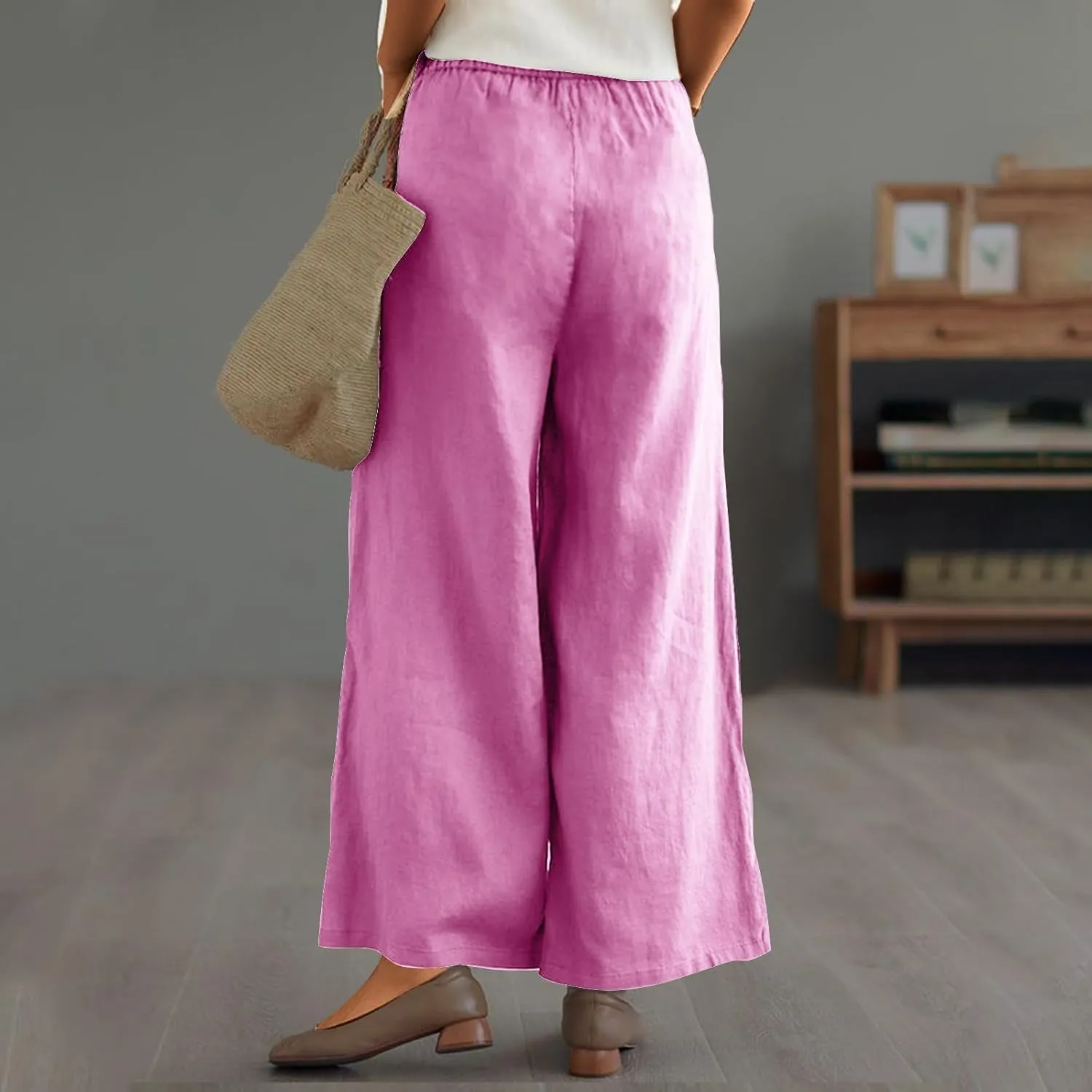 Womens Linen Pants Wide Leg Loose Sports Casual Pants Mid Waist Solid Color Wide Leg Pants Casual Linen Blend Pants