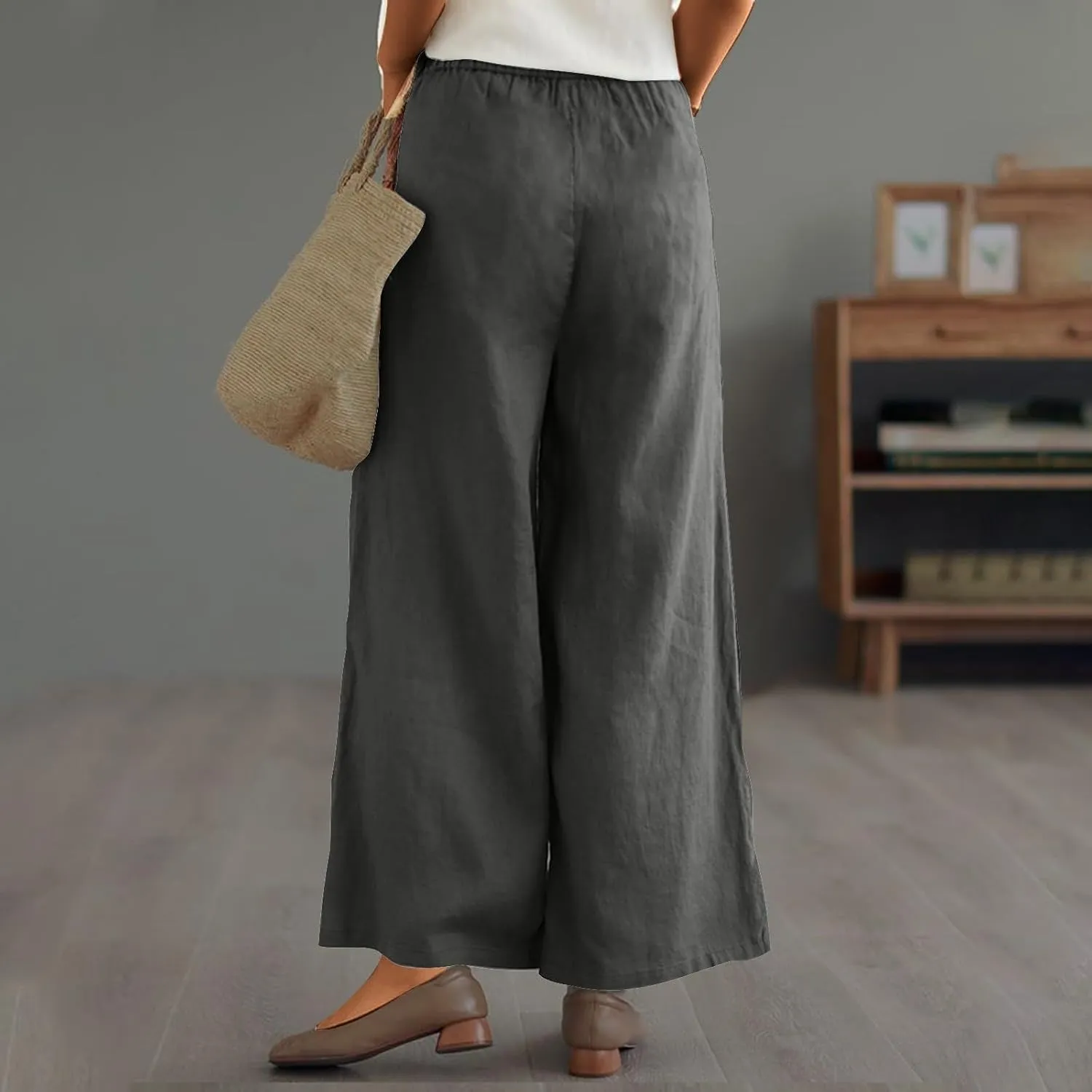 Womens Linen Pants Wide Leg Loose Sports Casual Pants Mid Waist Solid Color Wide Leg Pants Casual Linen Blend Pants