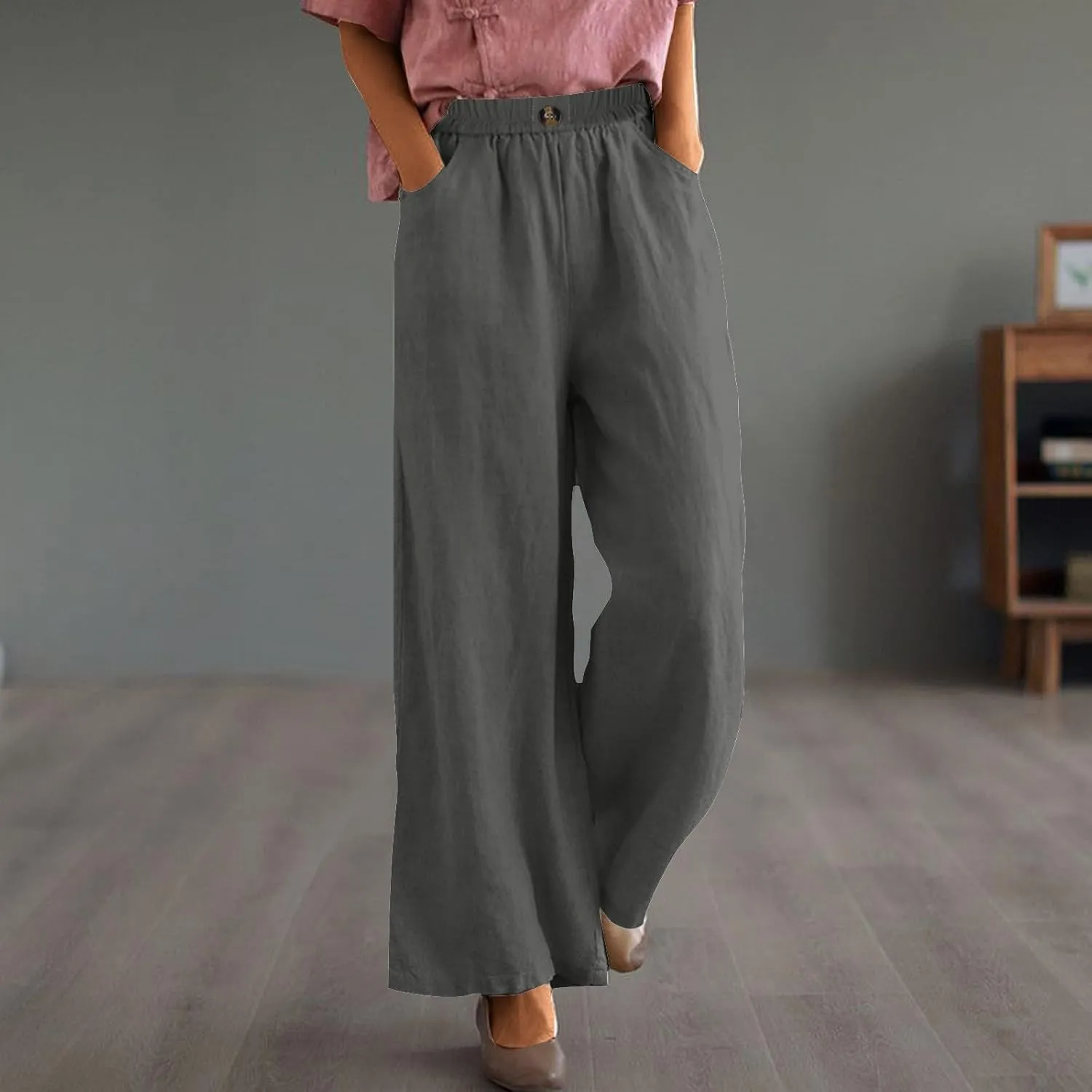 Womens Linen Pants Wide Leg Loose Sports Casual Pants Mid Waist Solid Color Wide Leg Pants Casual Linen Blend Pants