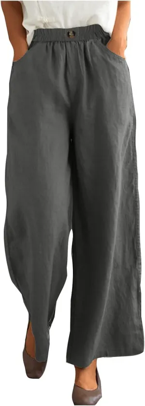 Womens Linen Pants Wide Leg Loose Sports Casual Pants Mid Waist Solid Color Wide Leg Pants Casual Linen Blend Pants