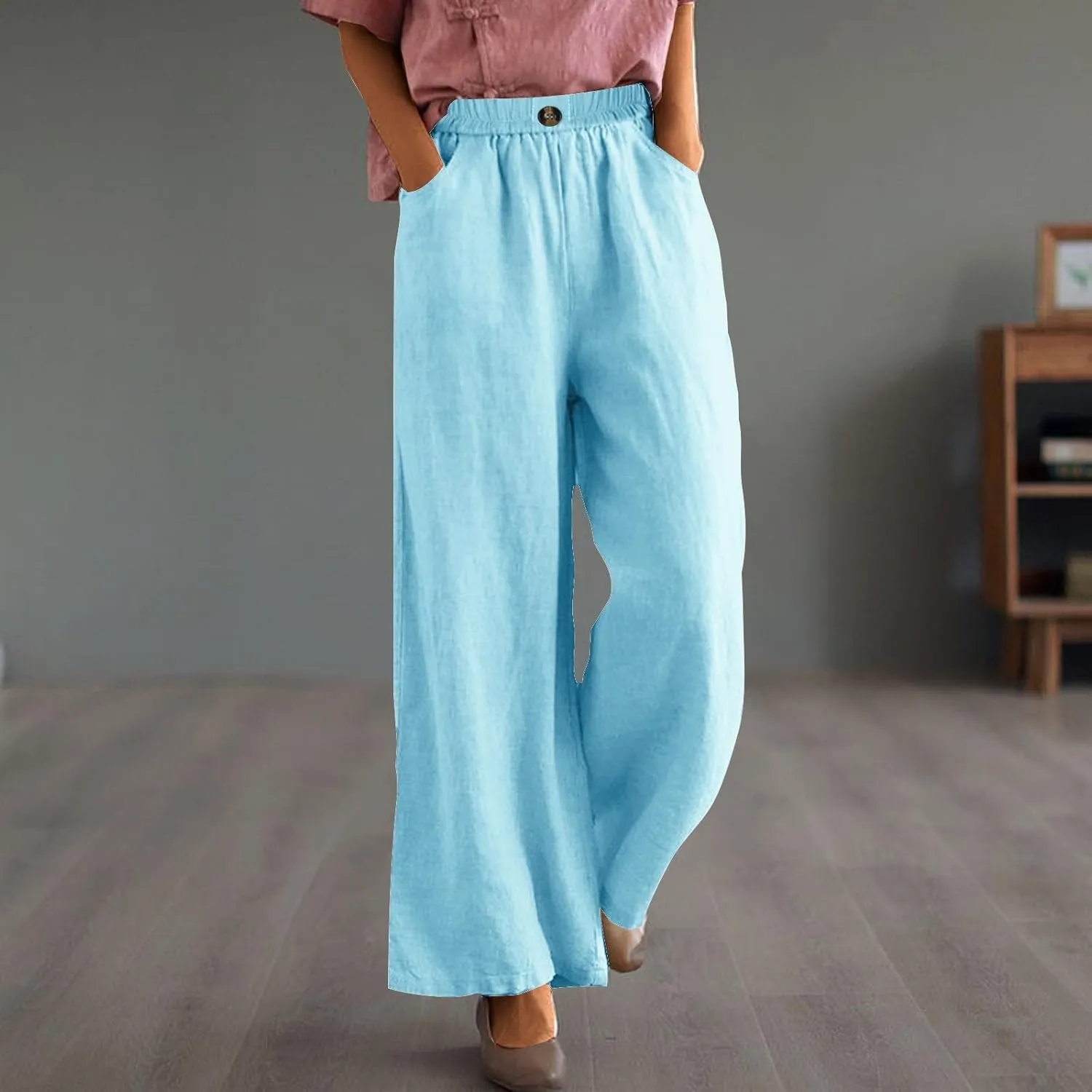 Womens Linen Pants Wide Leg Loose Sports Casual Pants Mid Waist Solid Color Wide Leg Pants Casual Linen Blend Pants