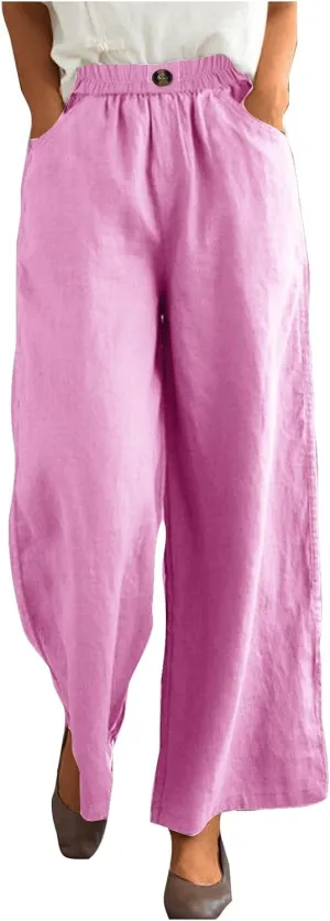 Womens Linen Pants Wide Leg Loose Sports Casual Pants Mid Waist Solid Color Wide Leg Pants Casual Linen Blend Pants