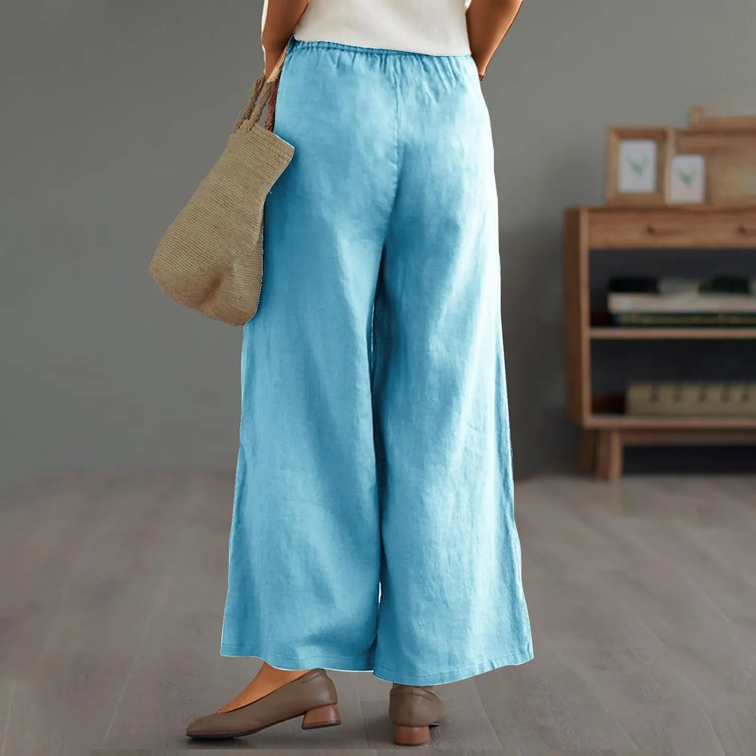 Womens Linen Pants Wide Leg Loose Sports Casual Pants Mid Waist Solid Color Wide Leg Pants Casual Linen Blend Pants