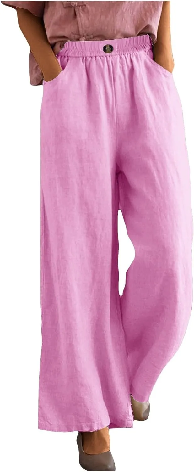 Womens Linen Pants Wide Leg Loose Sports Casual Pants Mid Waist Solid Color Wide Leg Pants Casual Linen Blend Pants