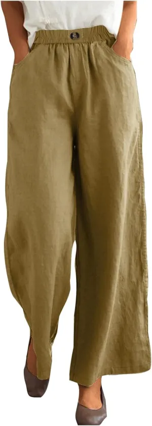 Womens Linen Pants Wide Leg Loose Sports Casual Pants Mid Waist Solid Color Wide Leg Pants Casual Linen Blend Pants