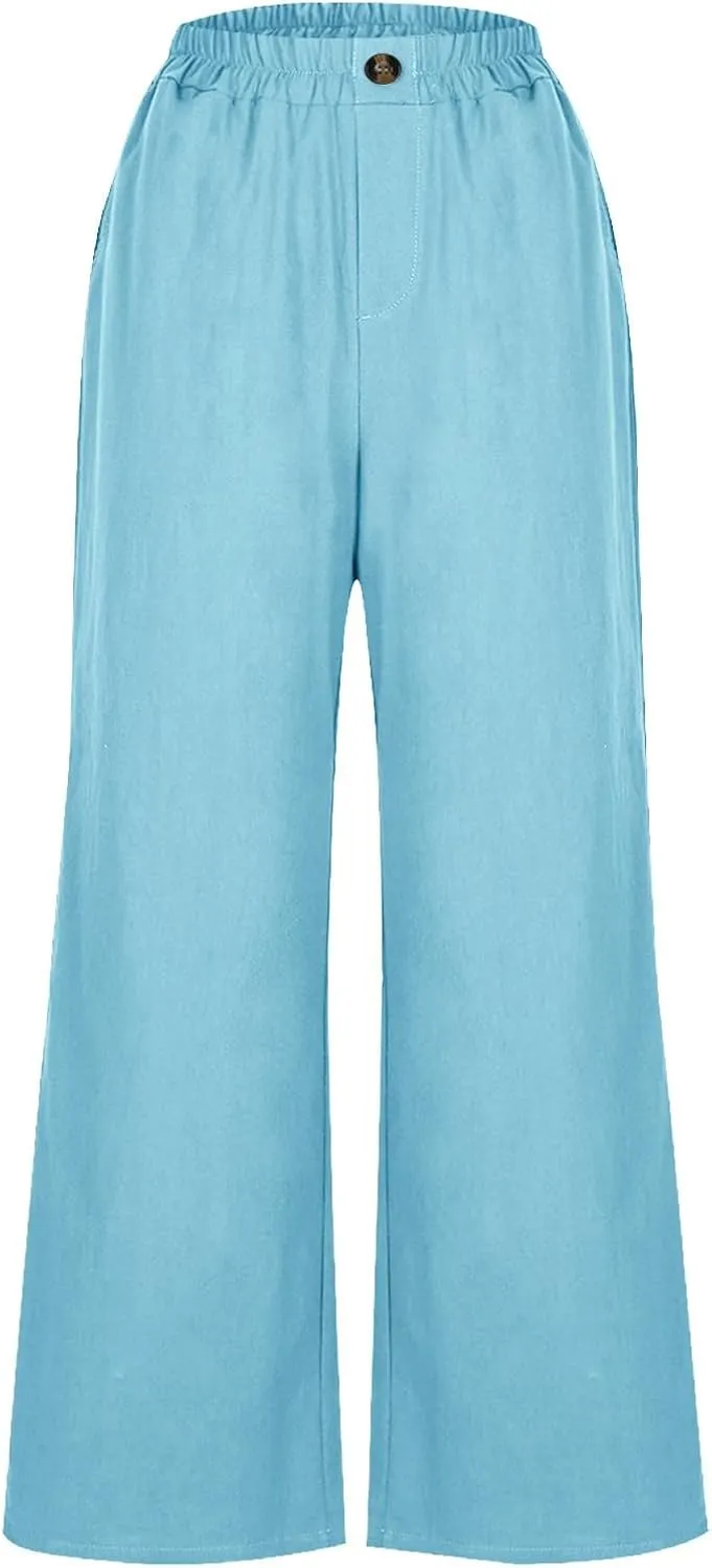 Womens Linen Pants Wide Leg Loose Sports Casual Pants Mid Waist Solid Color Wide Leg Pants Casual Linen Blend Pants