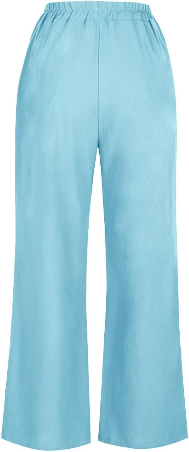 Womens Linen Pants Wide Leg Loose Sports Casual Pants Mid Waist Solid Color Wide Leg Pants Casual Linen Blend Pants