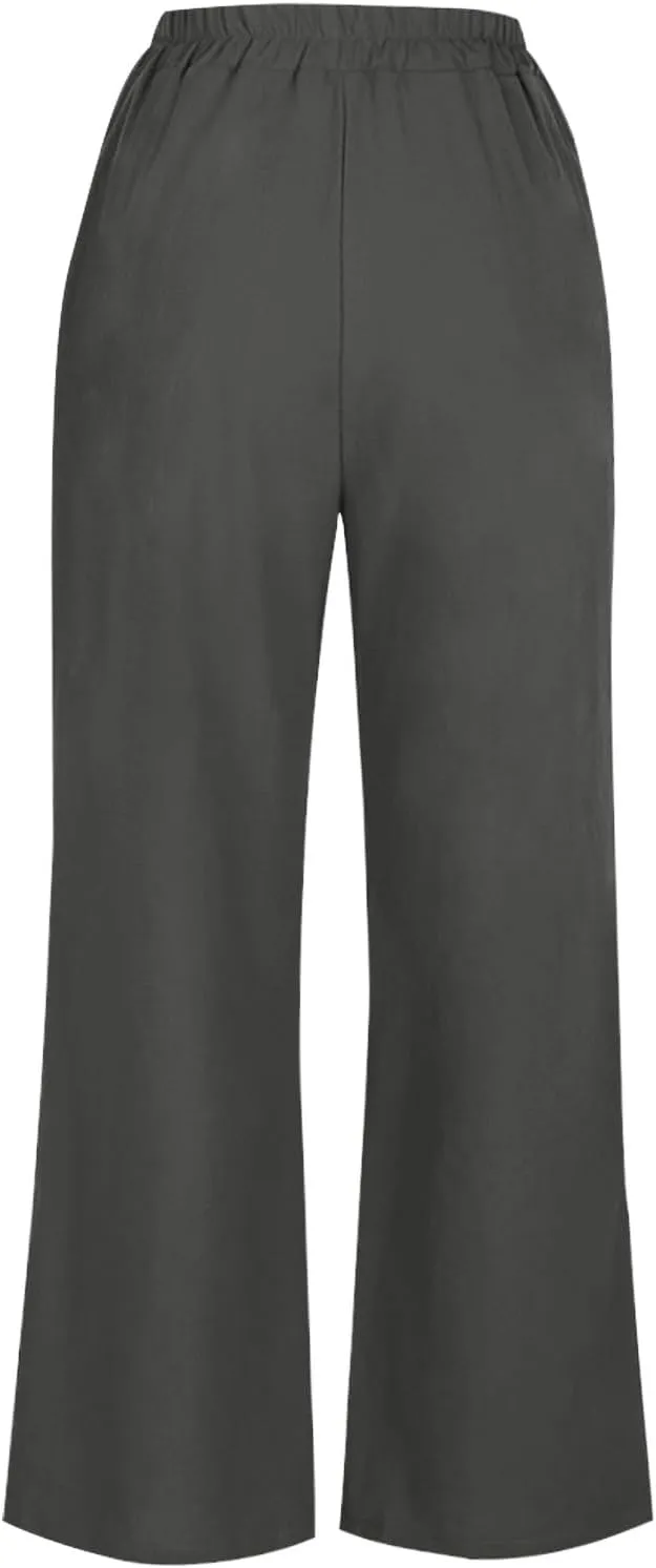 Womens Linen Pants Wide Leg Loose Sports Casual Pants Mid Waist Solid Color Wide Leg Pants Casual Linen Blend Pants