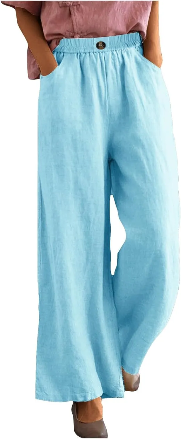 Womens Linen Pants Wide Leg Loose Sports Casual Pants Mid Waist Solid Color Wide Leg Pants Casual Linen Blend Pants