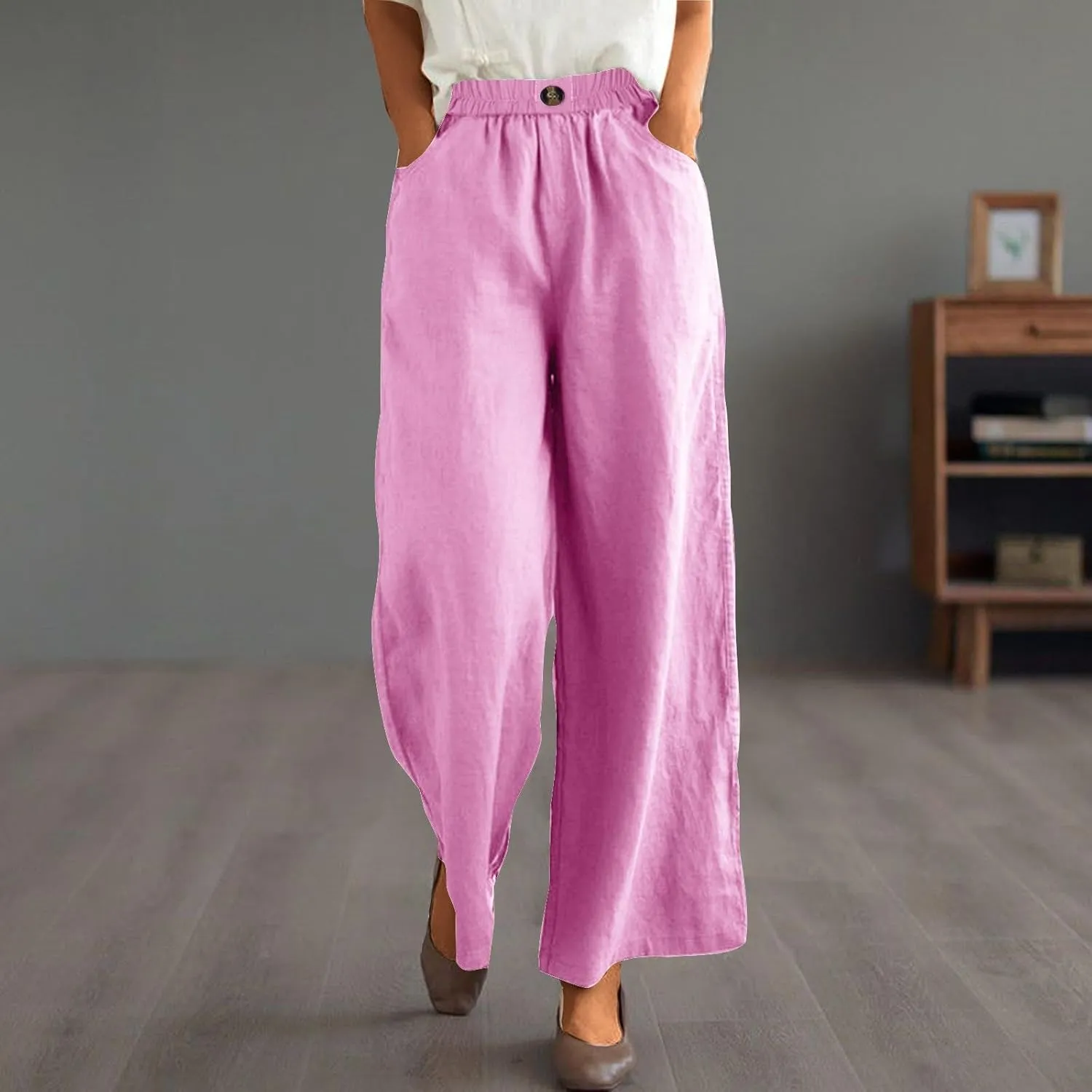 Womens Linen Pants Wide Leg Loose Sports Casual Pants Mid Waist Solid Color Wide Leg Pants Casual Linen Blend Pants