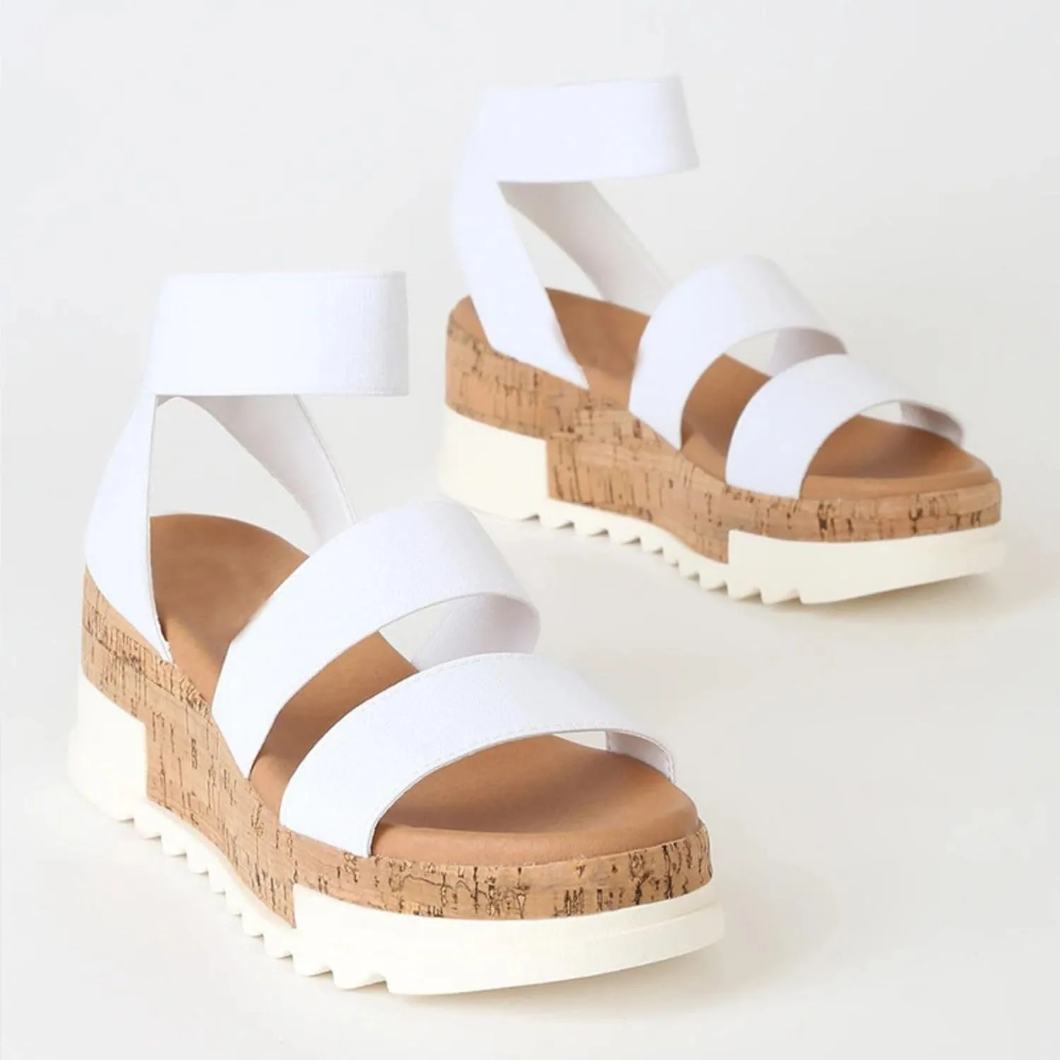 Women's Open Toe Elastic Ankle Strap Casual Platform Wedges Sandals Espadrilles Cork Flatform Slingback Summer Sandals Comfortable Slip On Lightweight Breathable Walking Work Beach Flat Sandal