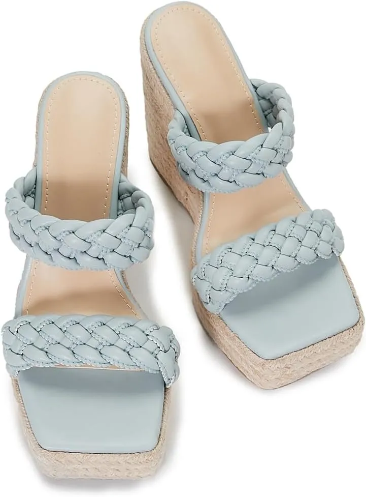 Women's Open Toe Espadrilles Wedge Sandals Slip On Braided Two Straps Platform High Heel Dress Sandal