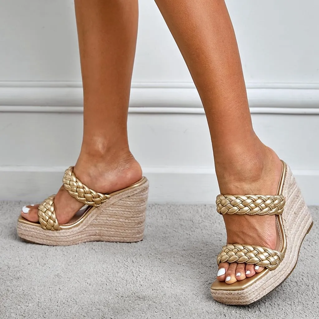 Women's Open Toe Espadrilles Wedge Sandals Slip On Braided Two Straps Platform High Heel Dress Sandal