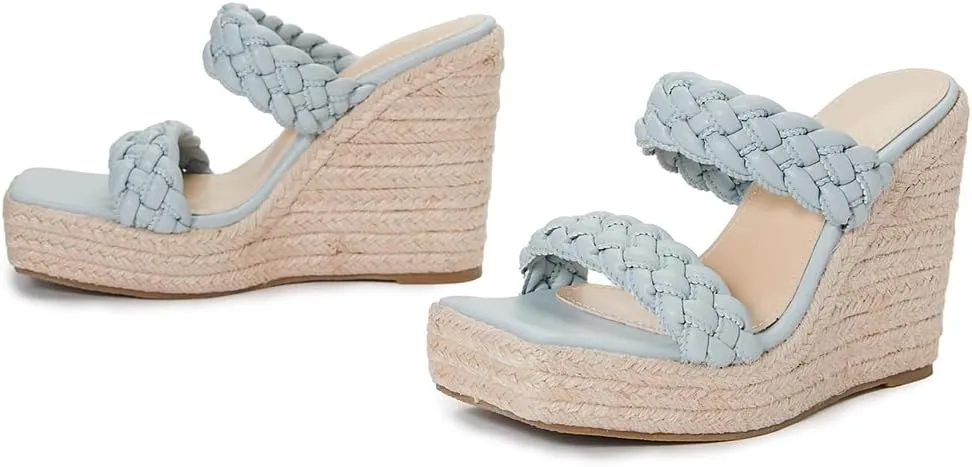 Women's Open Toe Espadrilles Wedge Sandals Slip On Braided Two Straps Platform High Heel Dress Sandal