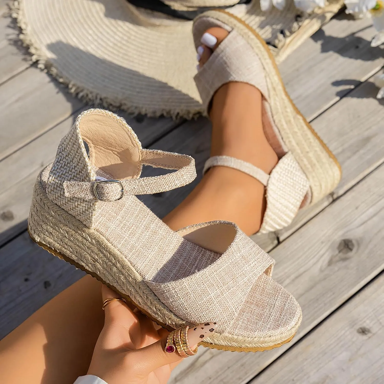 Women's Open Toe Platform Wedge Sandals Platform Wedge Sandals Lightweight Summer Strap Casual Rope Sole Bohemian