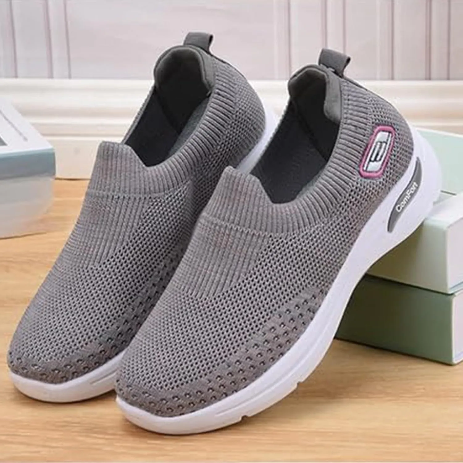 Womens Orthopedic Shoes Breathable Lightweight with Arch Support Sneakers Soft Knitted Slip-On Running Jogging Shoe Casual Comfortable Slip Ins Workout Tennis Shoes Mesh Trainers