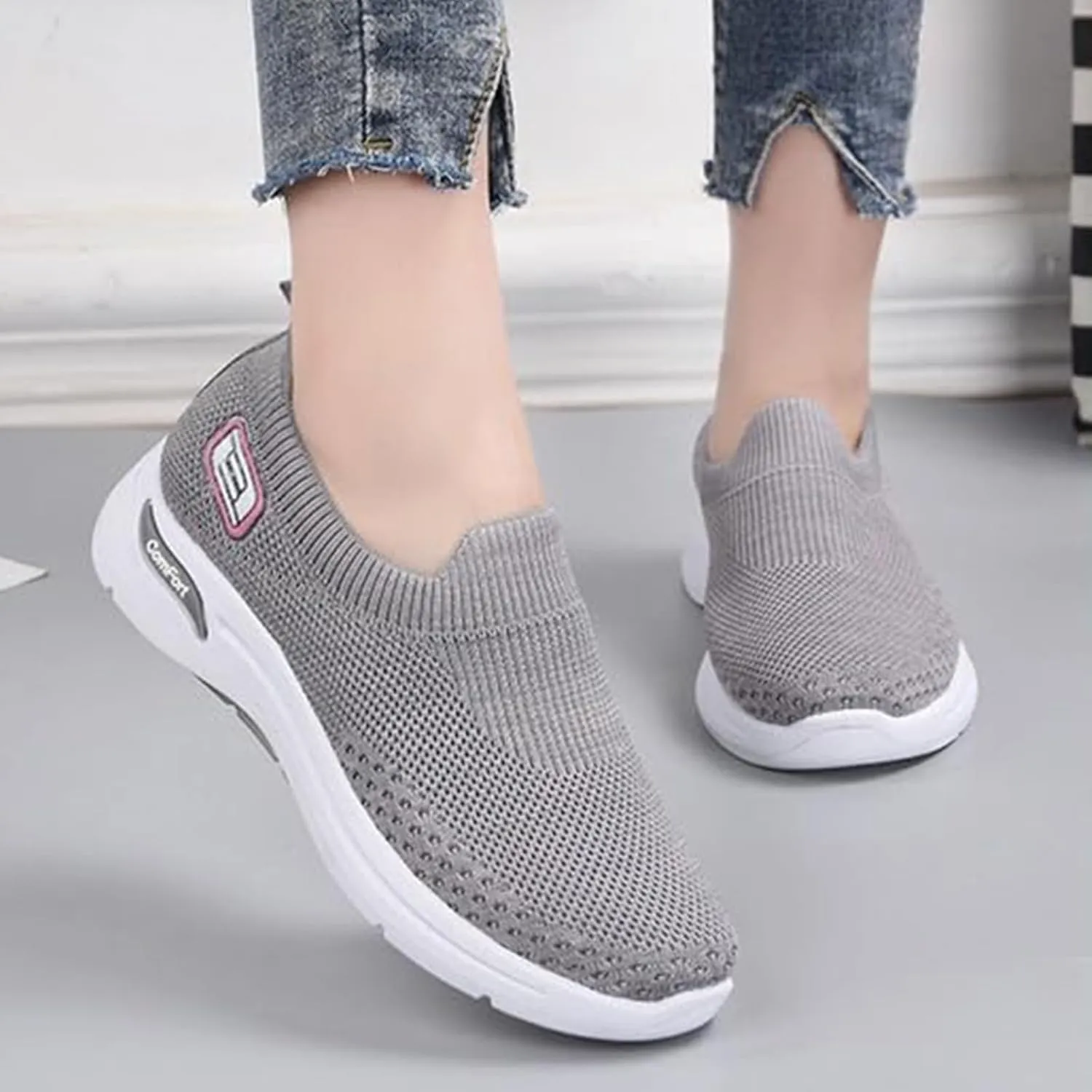 Womens Orthopedic Shoes Breathable Lightweight with Arch Support Sneakers Soft Knitted Slip-On Running Jogging Shoe Casual Comfortable Slip Ins Workout Tennis Shoes Mesh Trainers