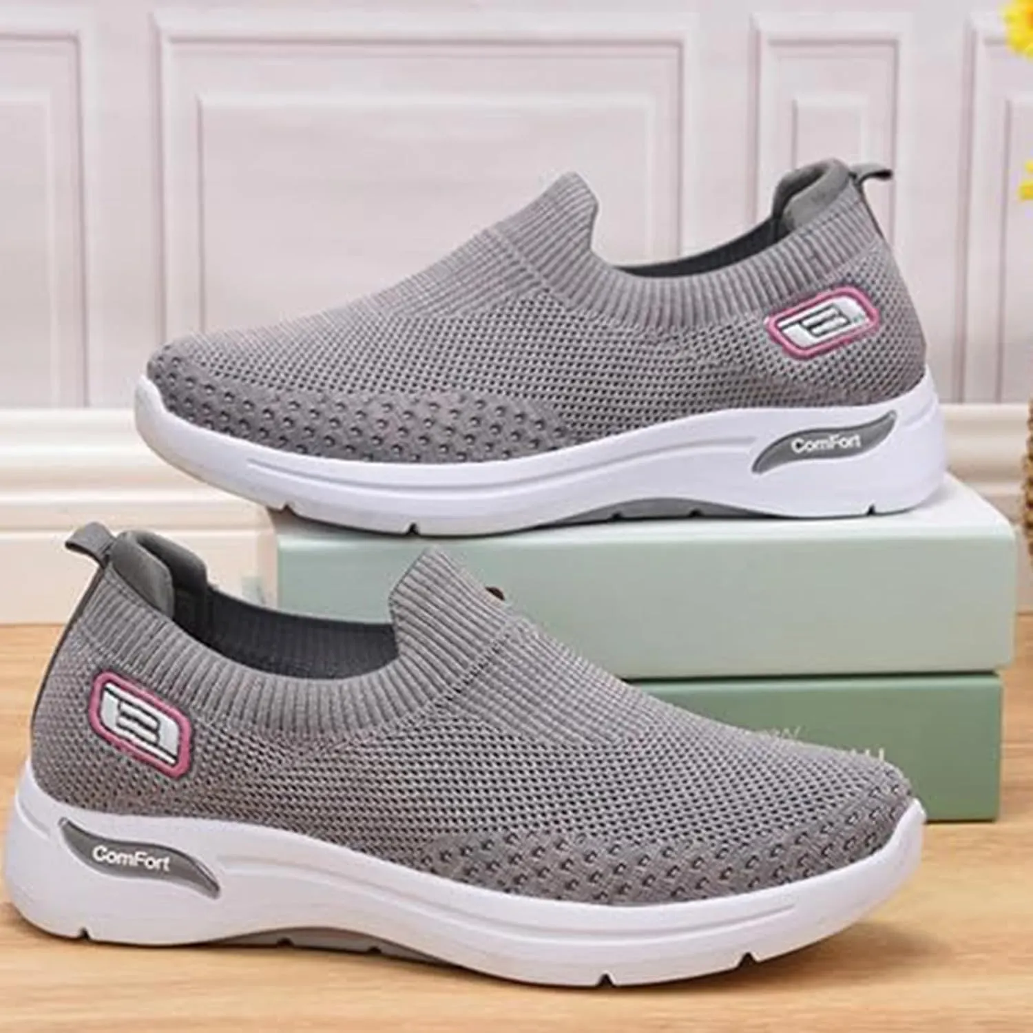 Womens Orthopedic Shoes Breathable Lightweight with Arch Support Sneakers Soft Knitted Slip-On Running Jogging Shoe Casual Comfortable Slip Ins Workout Tennis Shoes Mesh Trainers