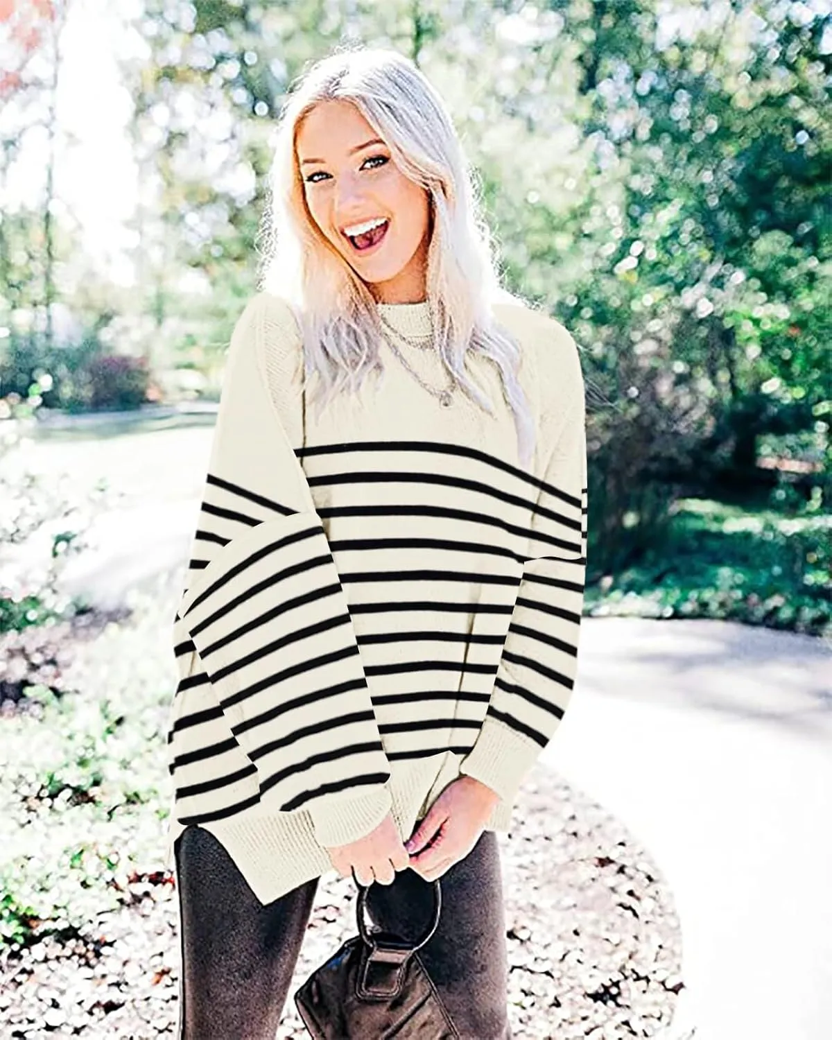 Women's Oversized Crewneck Sweaters Batwing Long Sleeve Side Slit Ribbed Knit Pullover Sweater Tops