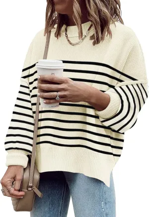 Women's Oversized Crewneck Sweaters Batwing Long Sleeve Side Slit Ribbed Knit Pullover Sweater Tops