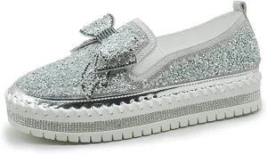 Women's Platform Casual Rhinestones Glitter Slip On Sneakers Cute Bowknot Shiny Handmade Non-Slip Comfort Dress Walking Flat Loafers