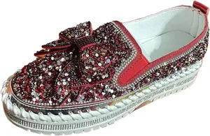 Women's Platform Casual Rhinestones Glitter Slip On Sneakers Cute Bowknot Shiny Handmade Non-Slip Comfort Dress Walking Flat Loafers