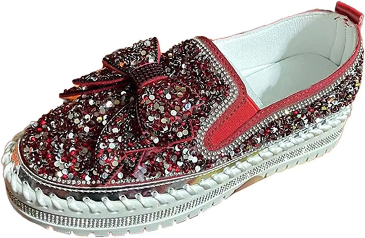 Women's Platform Casual Rhinestones Glitter Slip On Sneakers Cute Bowknot Shiny Handmade Non-Slip Comfort Dress Walking Flat Loafers
