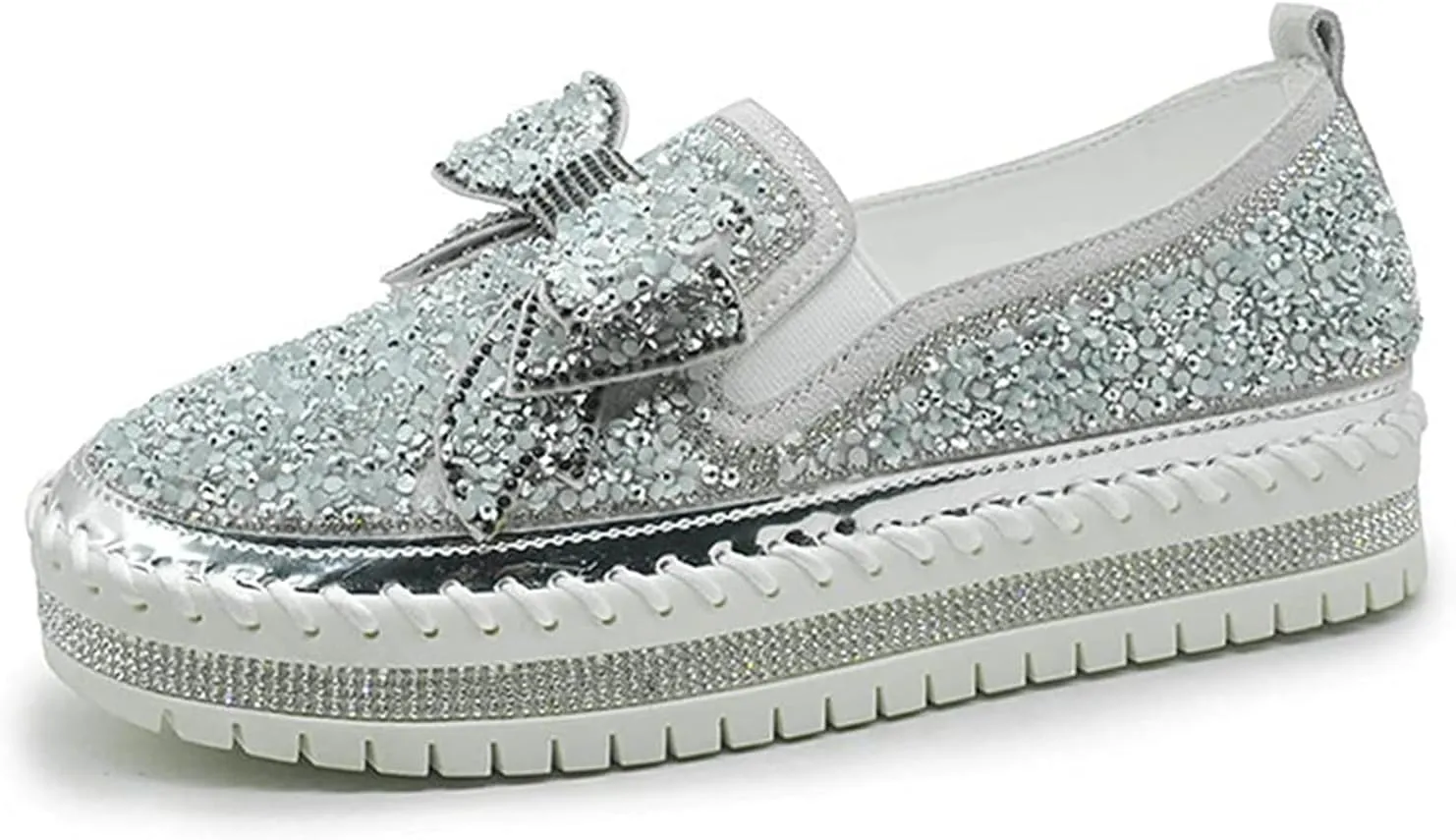 Women's Platform Casual Rhinestones Glitter Slip On Sneakers Cute Bowknot Shiny Handmade Non-Slip Comfort Dress Walking Flat Loafers