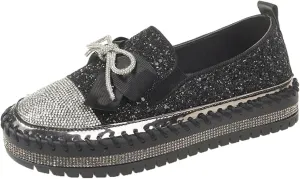 Women's Platform Casual Rhinestones Glitter Slip On Sneakers Cute Bowknot Shiny Handmade Non-Slip Comfort Dress Walking Flat Loafers